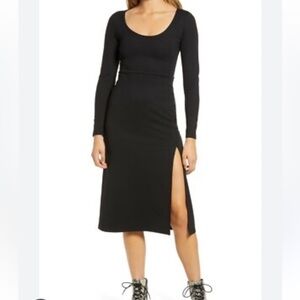 Leith Long Sleeve Scoop Neck Side Slit Black Midi Dress. NWT (Partial) XXS, Sm